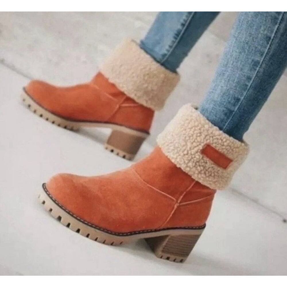 BOHO Women’s Fold Over Sherpa Boots Orange Suede Ankle Chunky Heel Sz 7/7.5